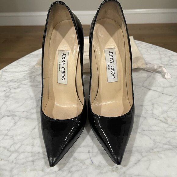 Jimmy Choo Anouk Stiletto Heel Pumps Patent Leather Black Pointed Toe - Picture 4 of 9